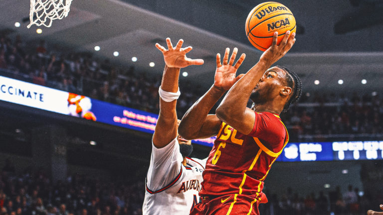 Auburn beat Trojans 91-75 in first road game for Bronny James